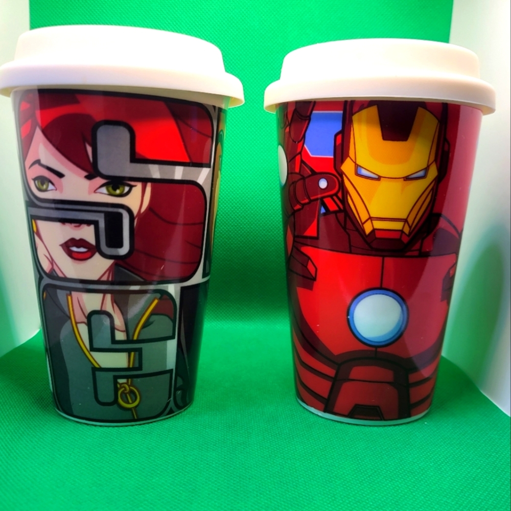 Pair of Black Widow and Iron Man Marvel Coffee Mugs with Silicone Lids